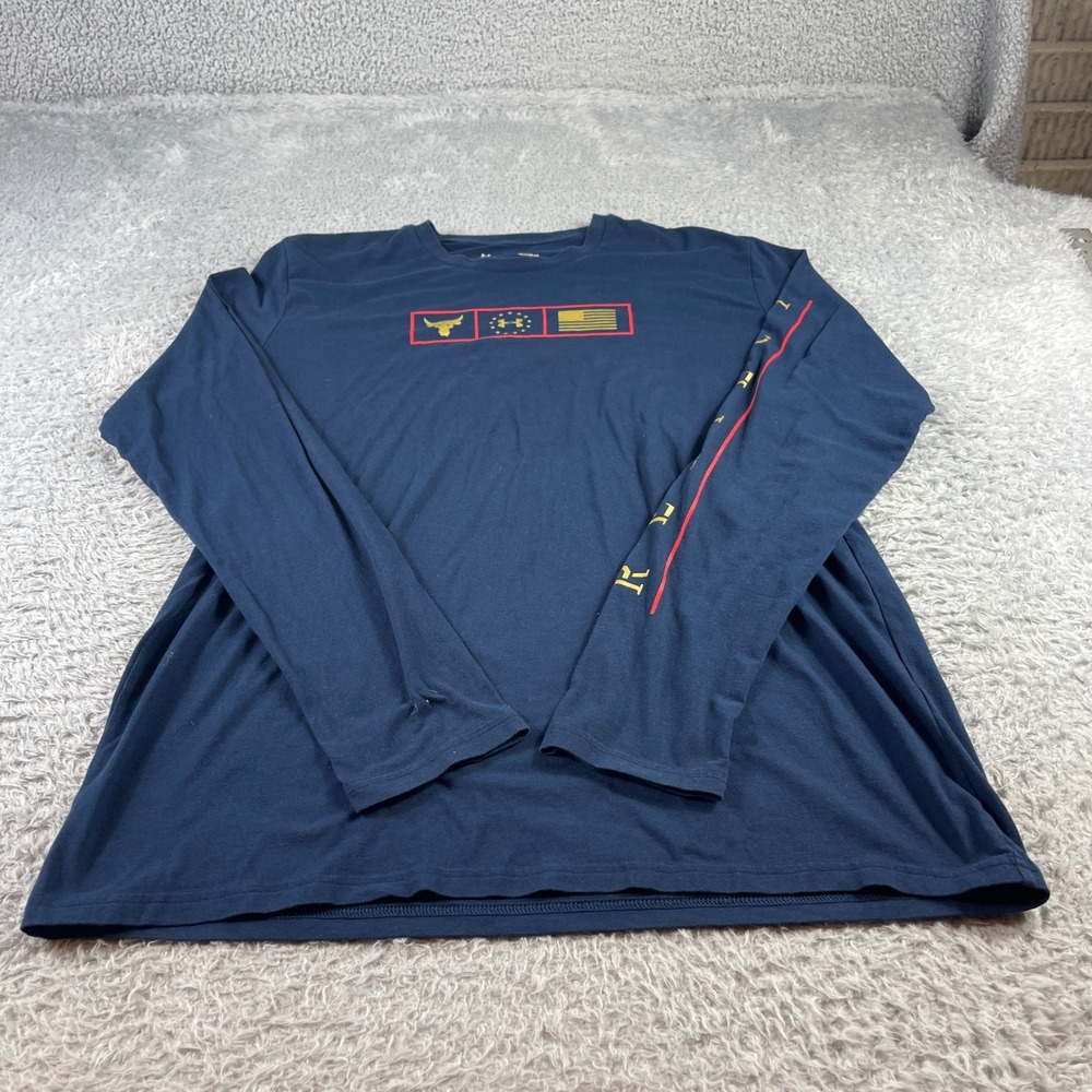Under Armour Project Rock Mens Large Navy Blue Long Sleeve Brahma Bull T-Shirt - Picture 1 of 9